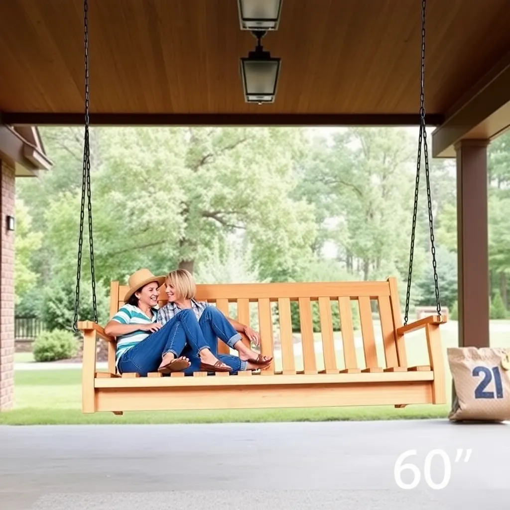Wide 60-inch double cedar porch swing seating three adults on a large covered porch