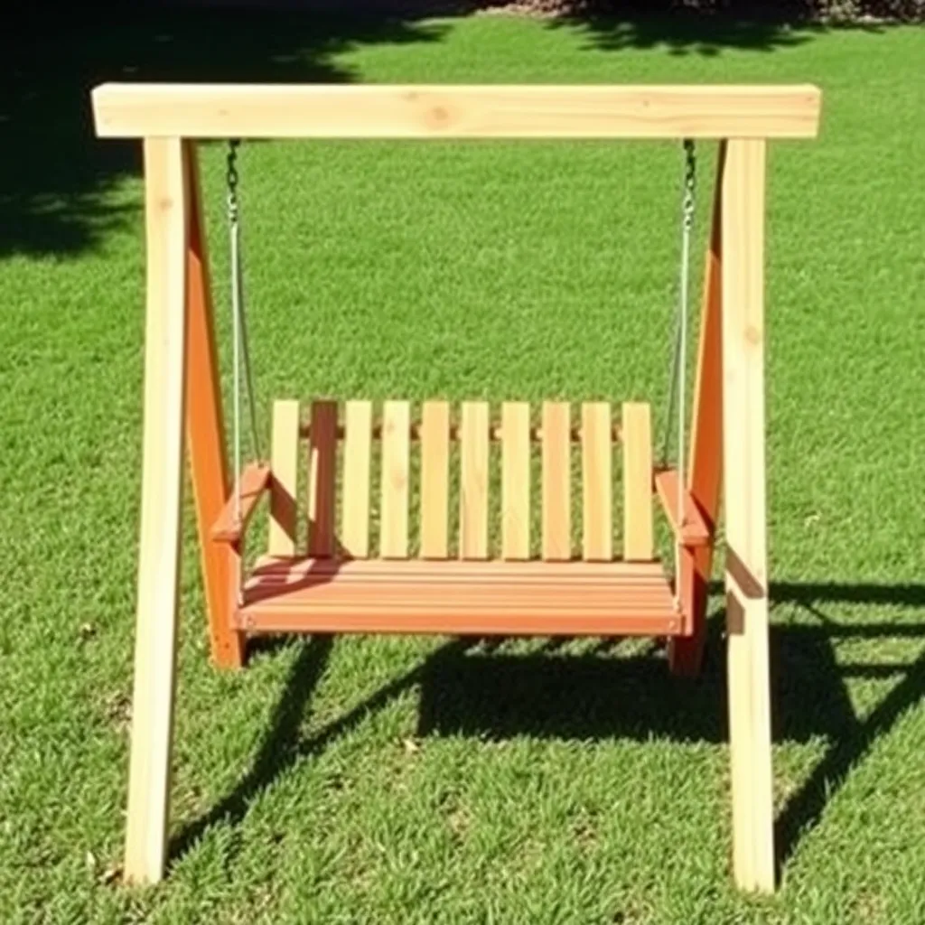 Freestanding cedar A-frame porch swing stand in sunny backyard with classic swing hanging from beam