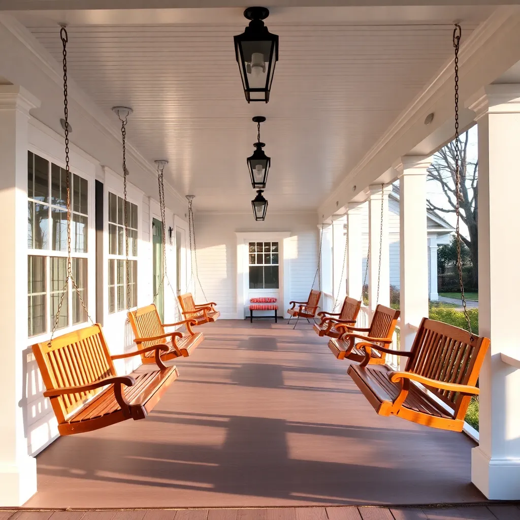 Beautiful covered front porch with cedar porch swings hanging from white painted ceiling