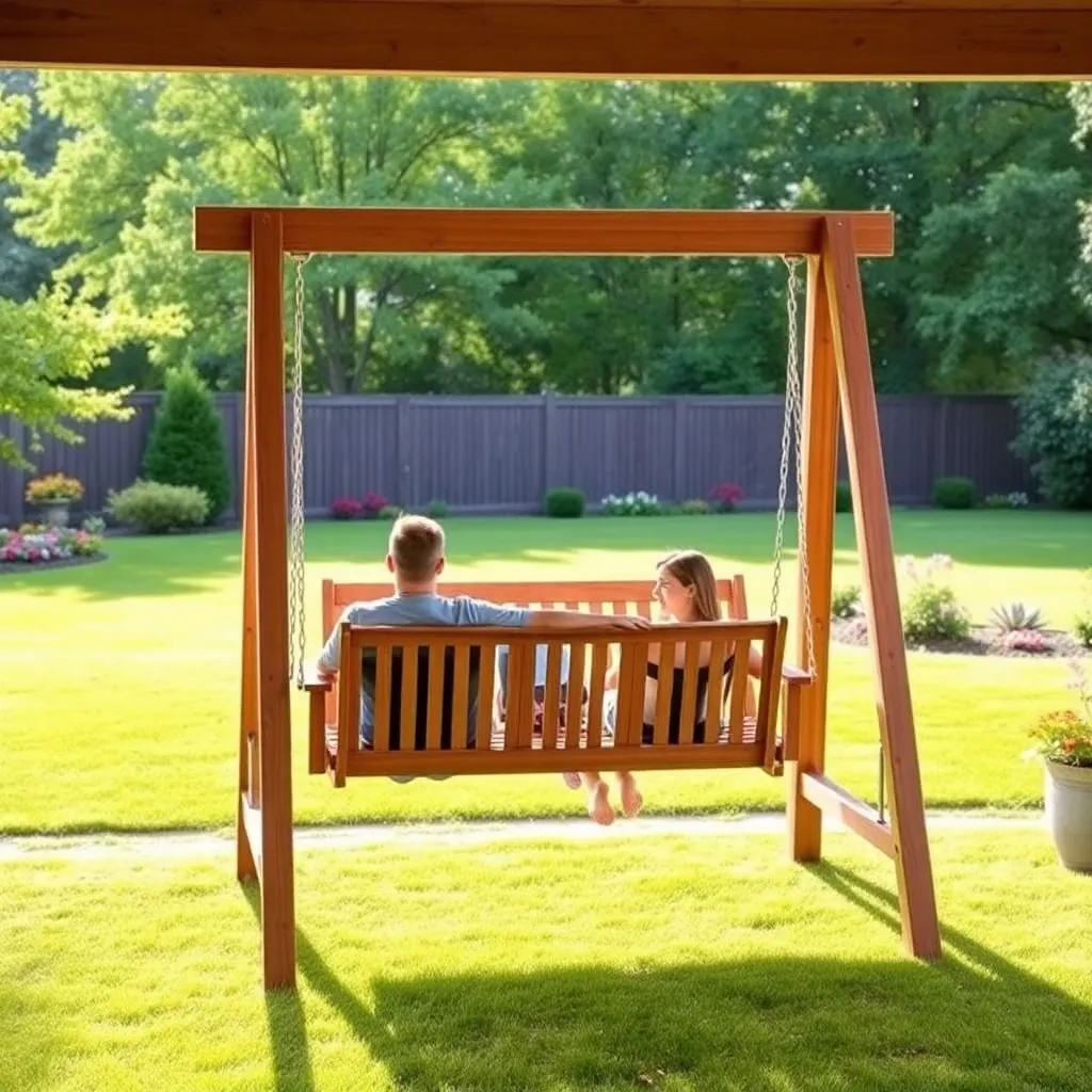 Beautiful cedar A-frame freestanding porch swing stand in sunny backyard with couple relaxing