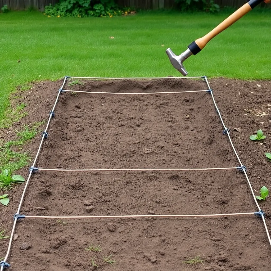 String layout marking hoop house footprint with rebar stakes being driven into ground at regular intervals