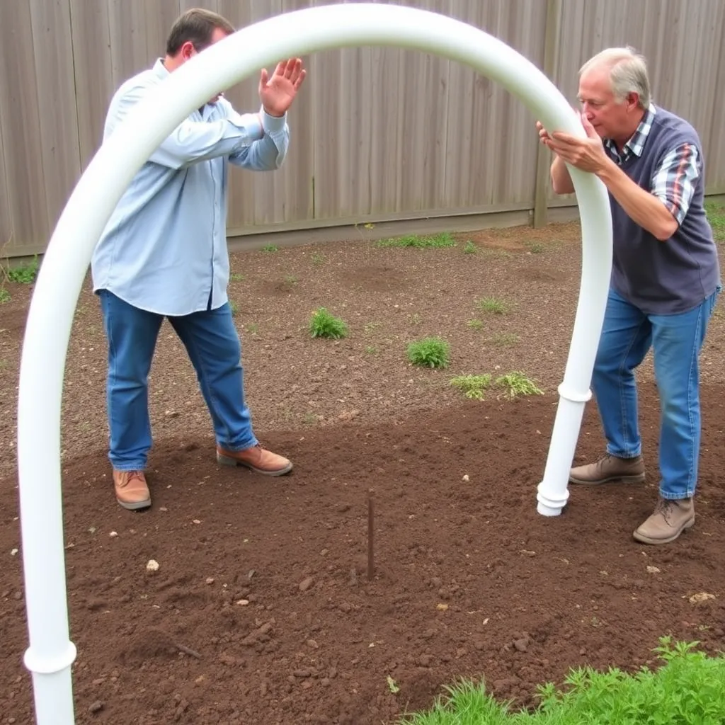 White PVC pipe being bent in smooth arch over rebar stakes in garden soil forming hoop greenhouse shape
