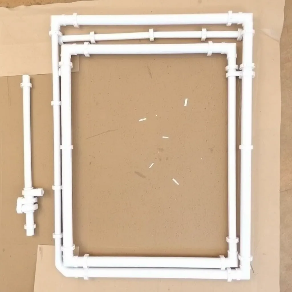 PVC hoop house end wall frame with pipe connectors and door opening being assembled on ground