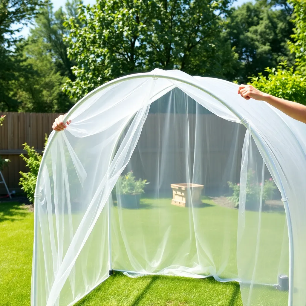 Clear greenhouse polyethylene film being unrolled over PVC hoop arches by two people in sunny backyard