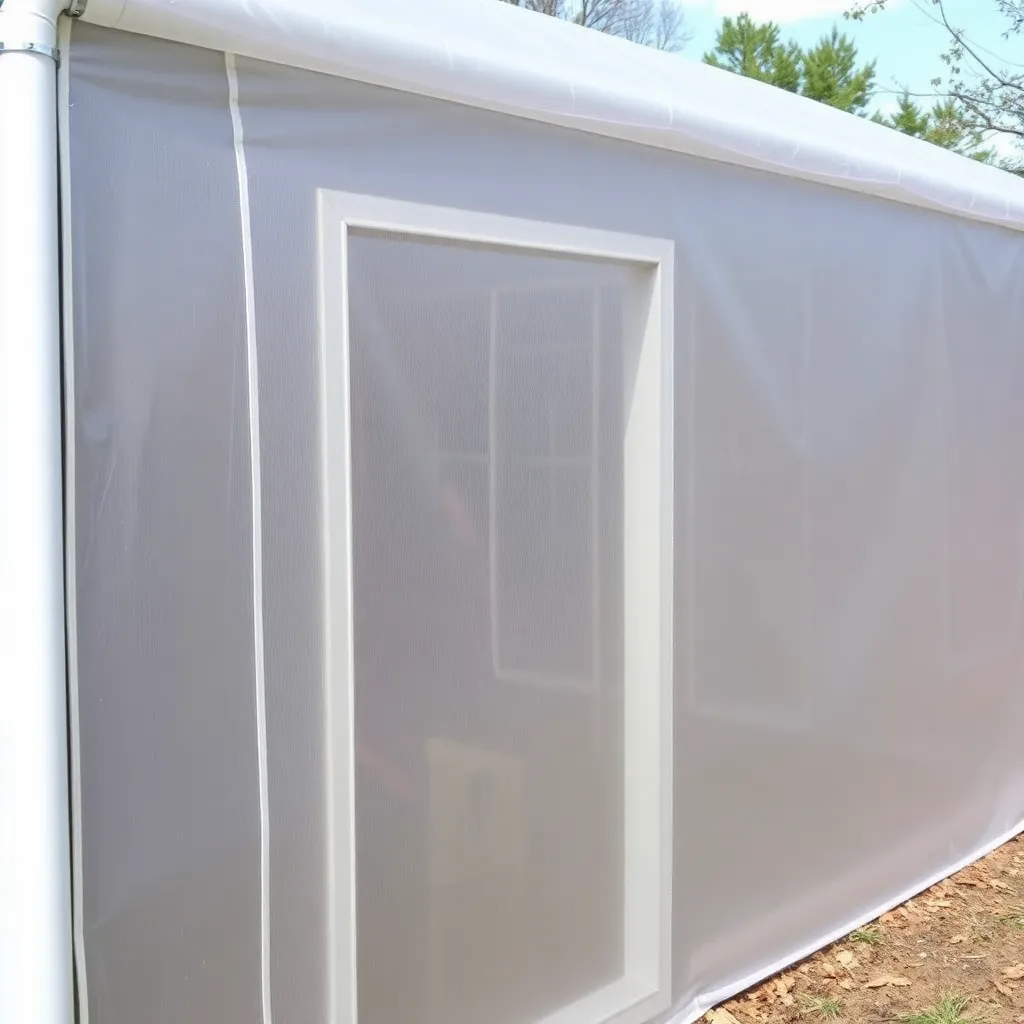 PVC hoop house end wall covered with poly film with door opening and roll-up vent on side wall