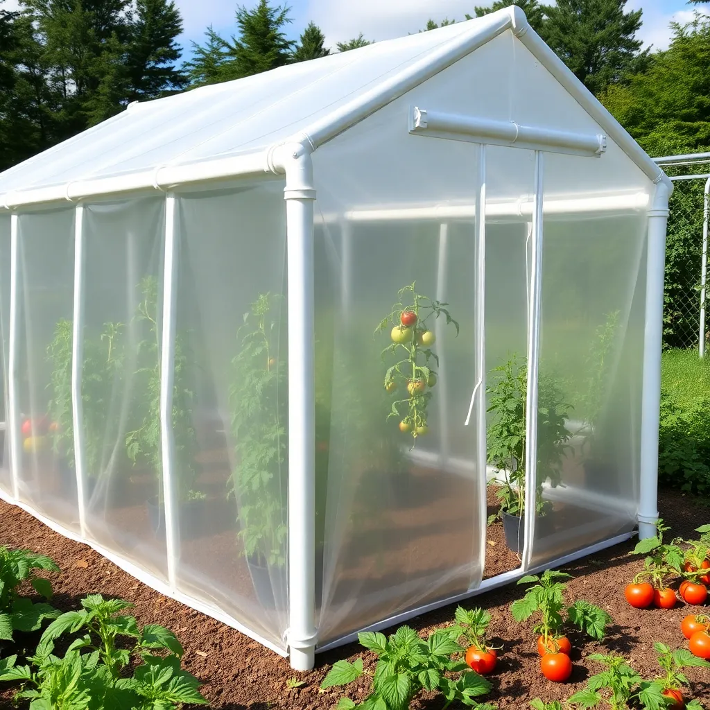 Completed PVC hoop house with poly film and roll-up sides open for ventilation with tomatoes inside