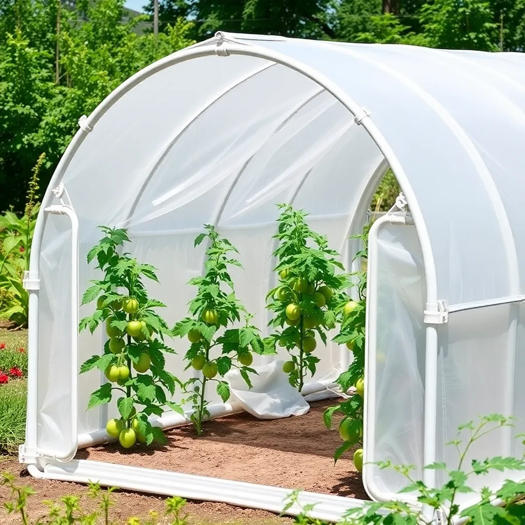 PVC pipe hoop house greenhouse 10x16 feet with poly film cover and roll-up sides in sunny vegetable garden