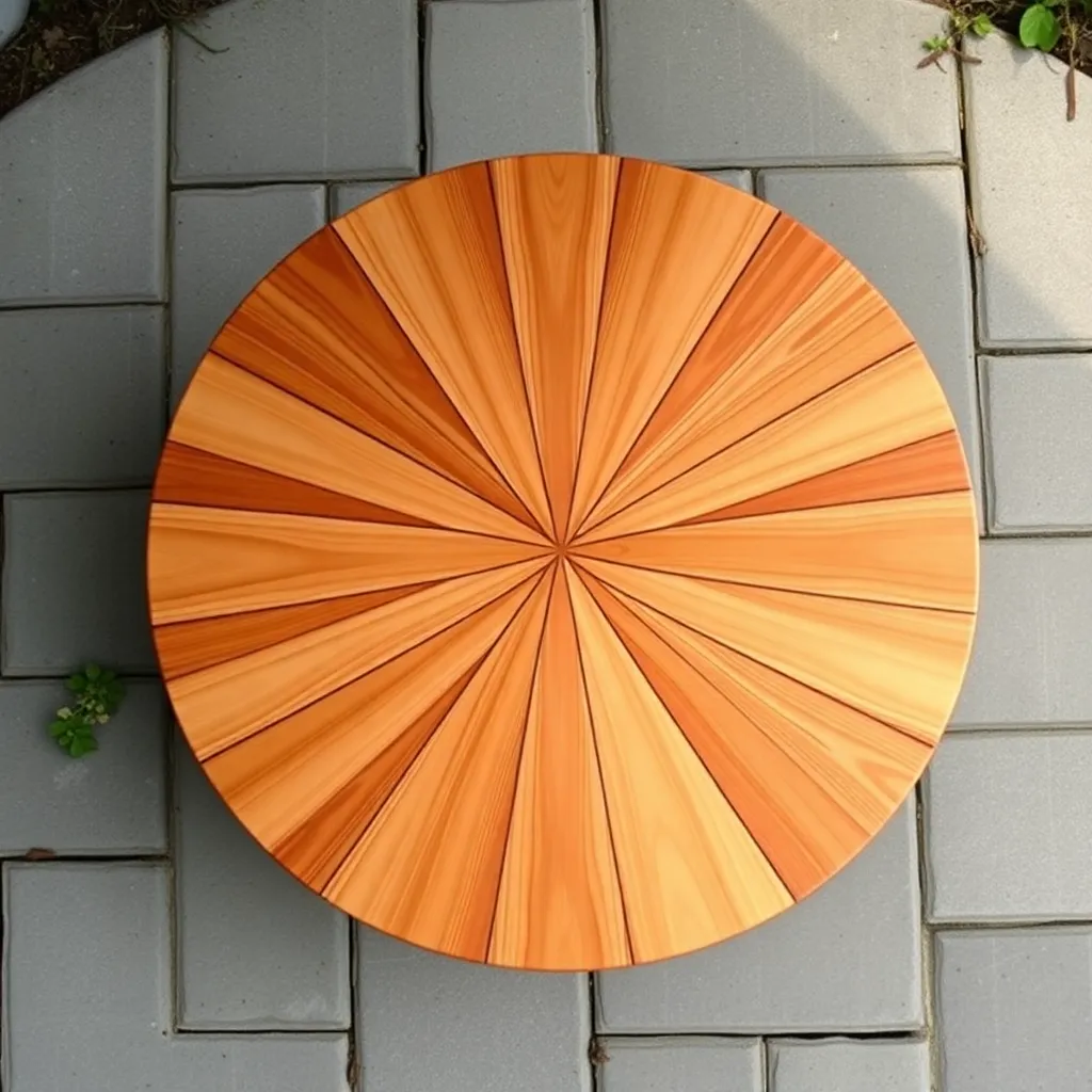 Top-down view of round cedar picnic table showing starburst wood grain pattern radiating from center