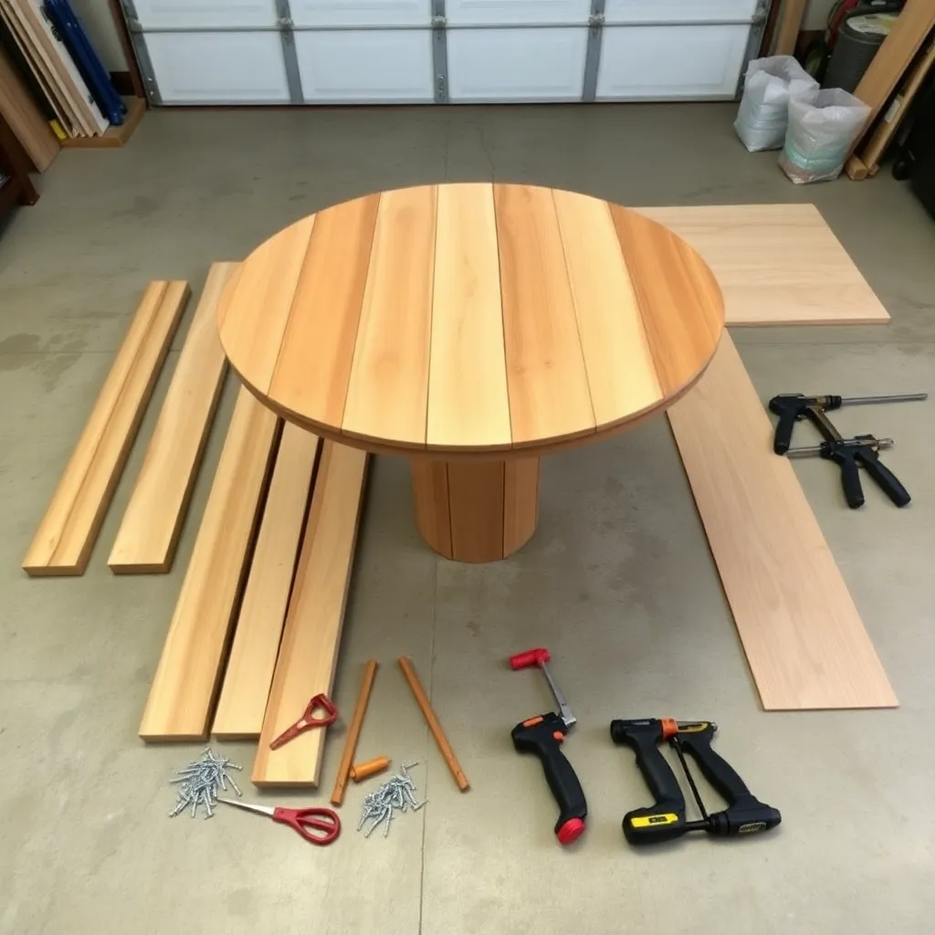 Cedar lumber, plywood and tools laid out on a garage floor for building a round pedestal picnic table