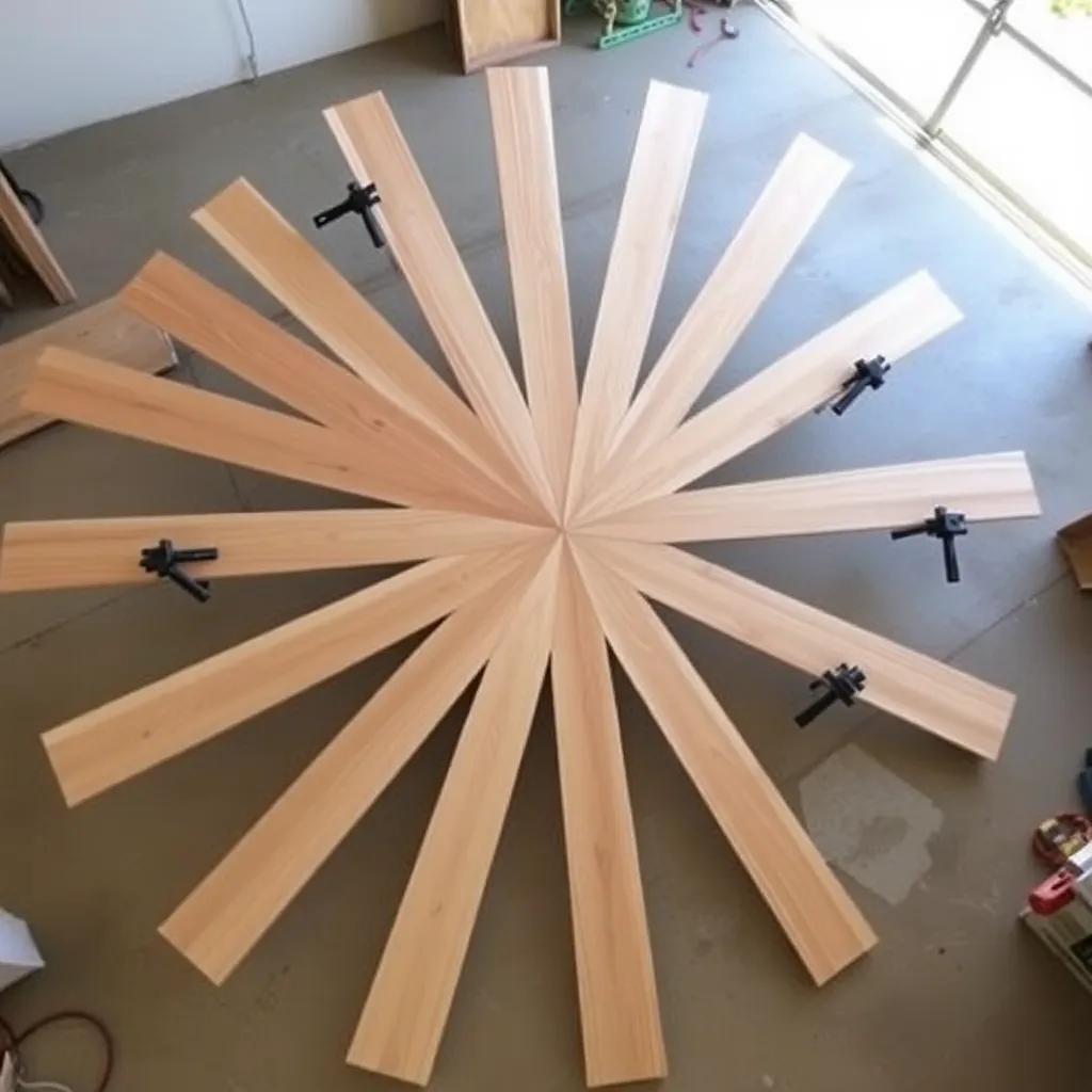 Seven cedar boards fanned in starburst pattern being glued and clamped together into a large panel