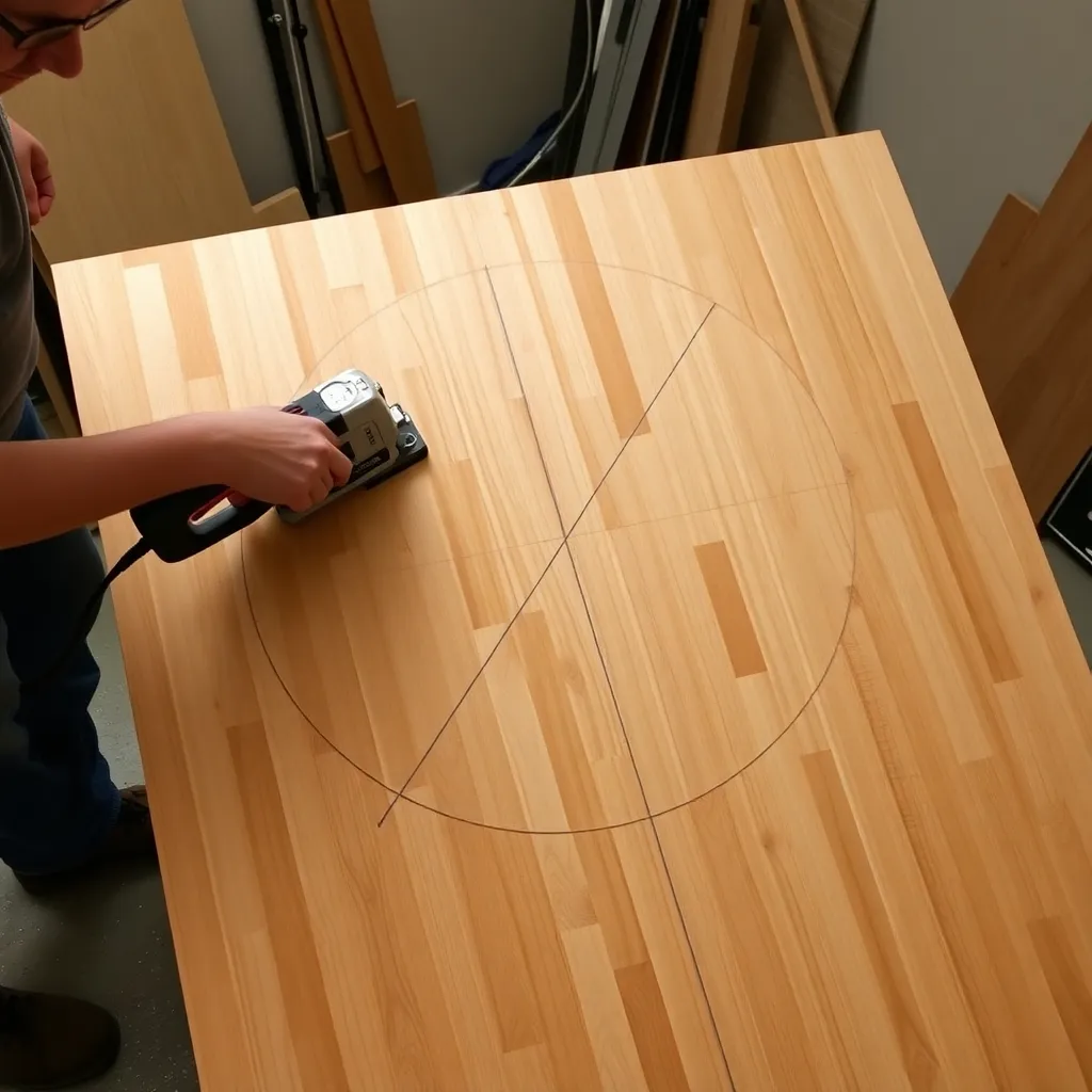 Cutting a 48-inch circle from a cedar starburst panel with a jigsaw following a pencil compass line