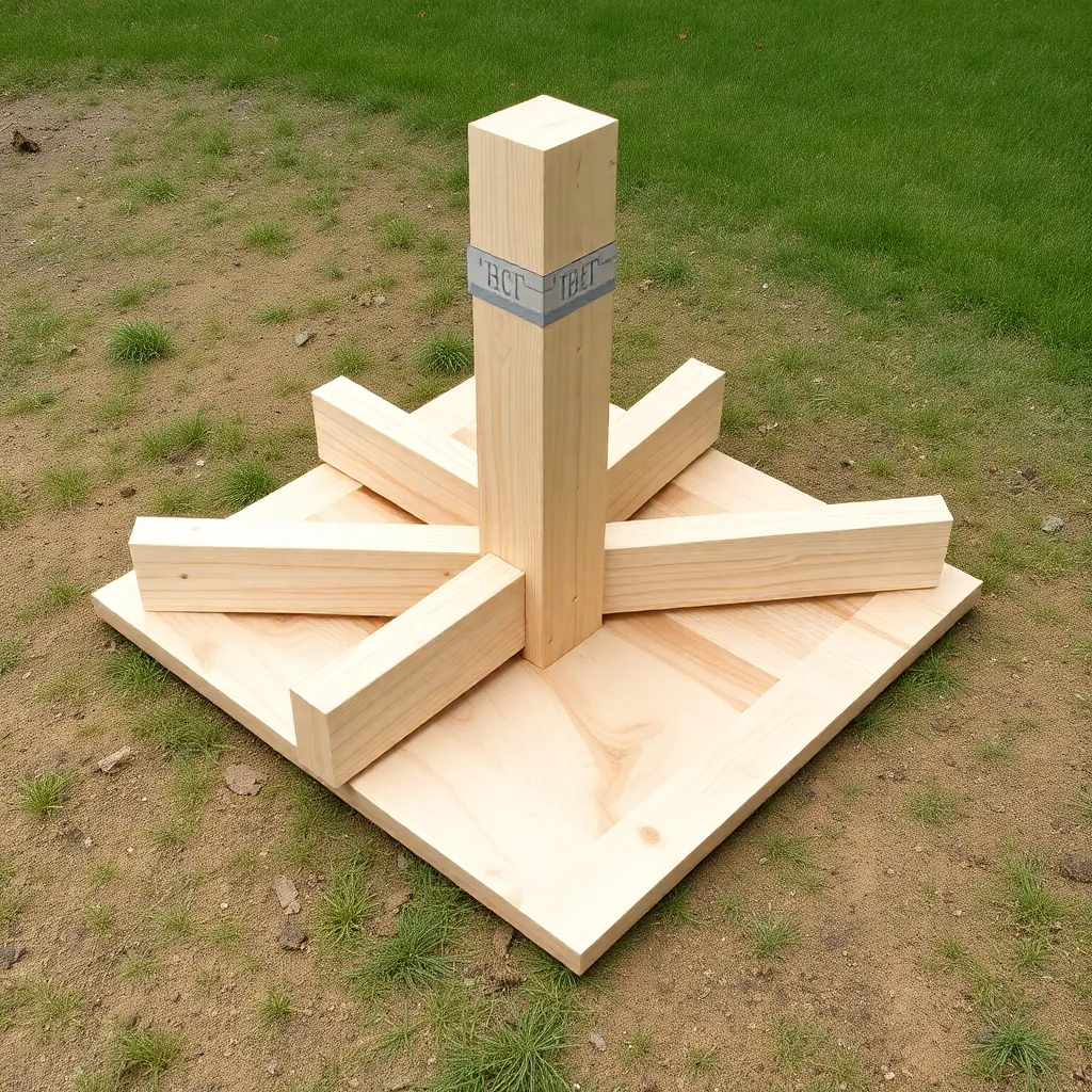 Cedar pedestal base with central 4x4 post and four angled 2x4 legs on a plywood foot plate