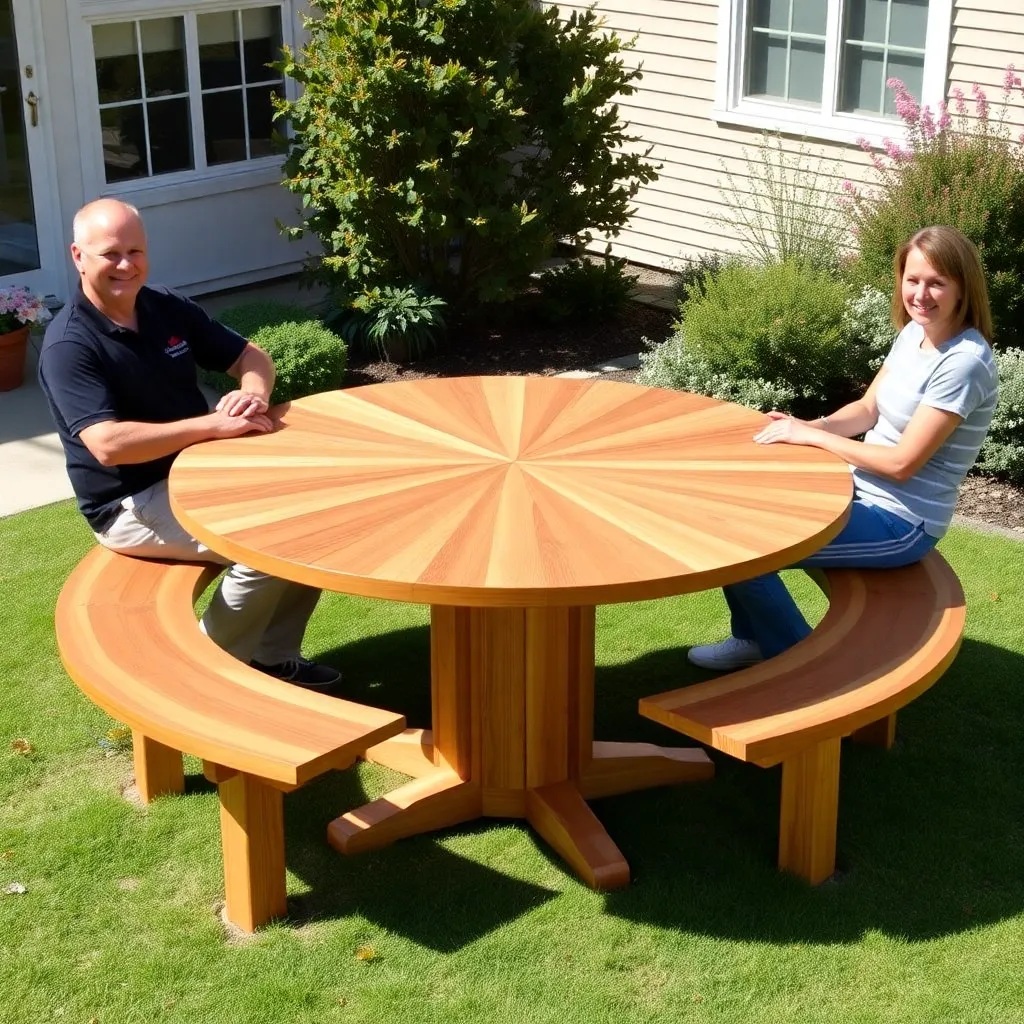Finished round cedar picnic table with starburst top on pedestal base, four adults seated in a backyard