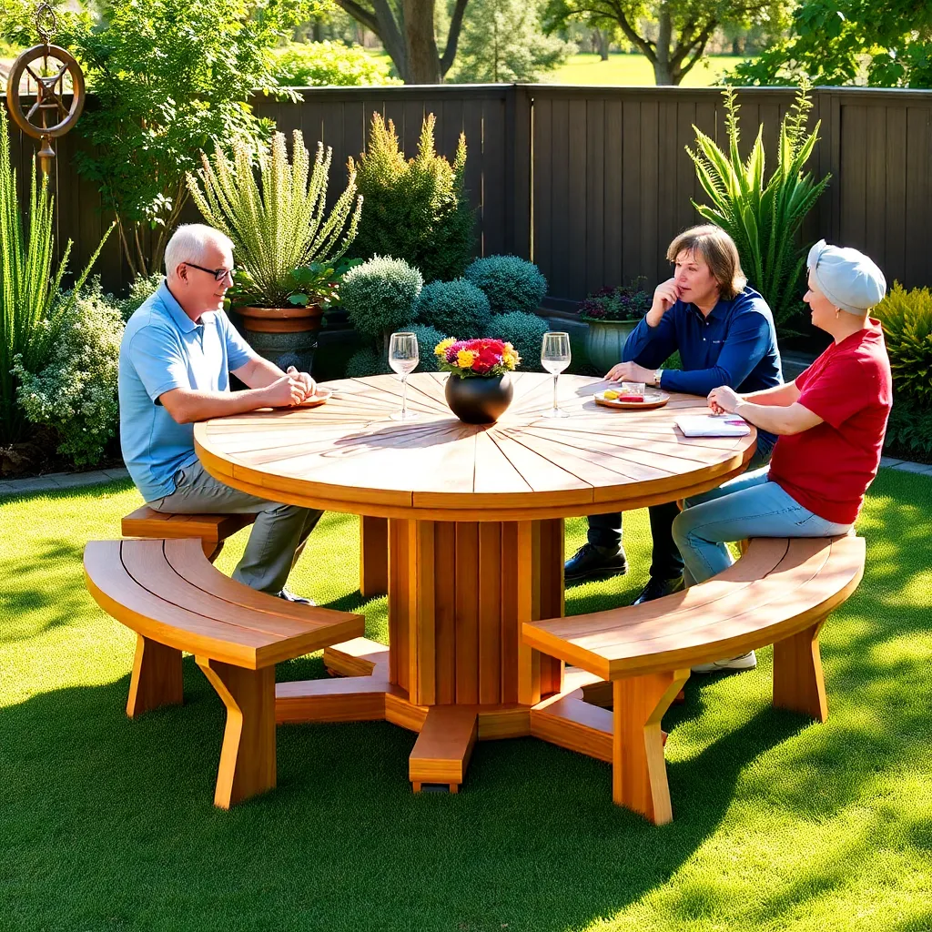 Beautiful round cedar picnic table with starburst top on pedestal base, four adults enjoying a meal in a backyard