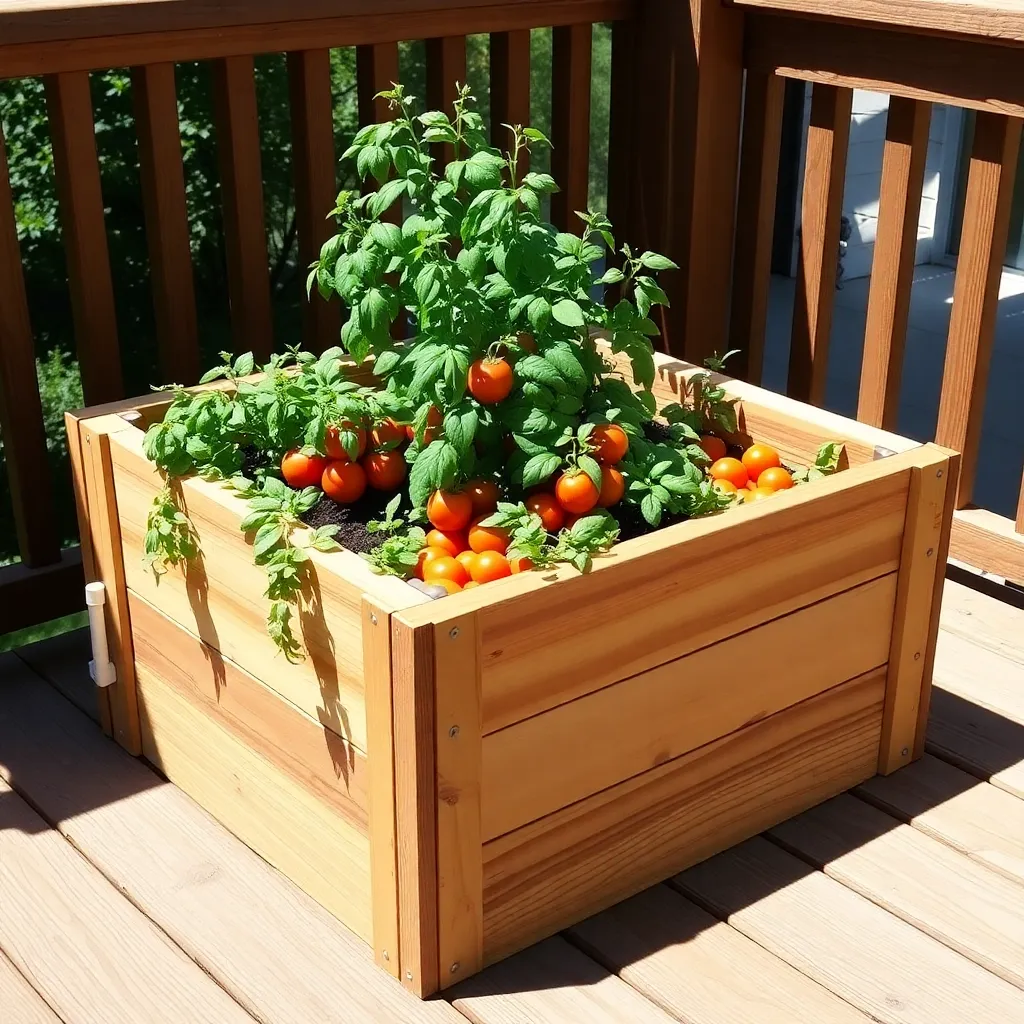 DIY cedar self-watering planter box with tomatoes and basil on a sunny deck