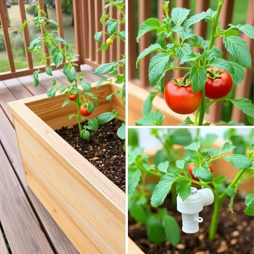 DIY self-watering cedar planter box with tomato plants on a deck