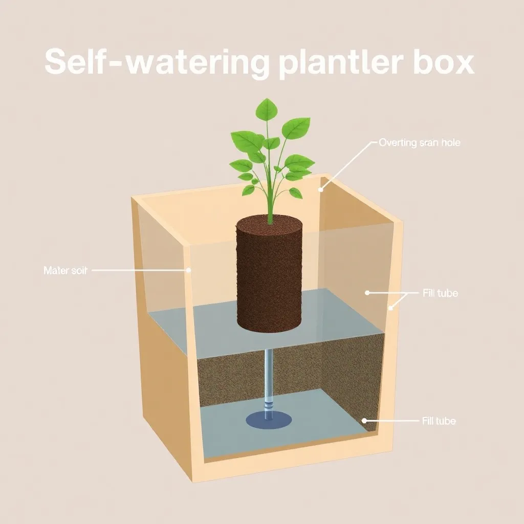 Cutaway diagram showing how a self-watering planter box reservoir and wicking system works