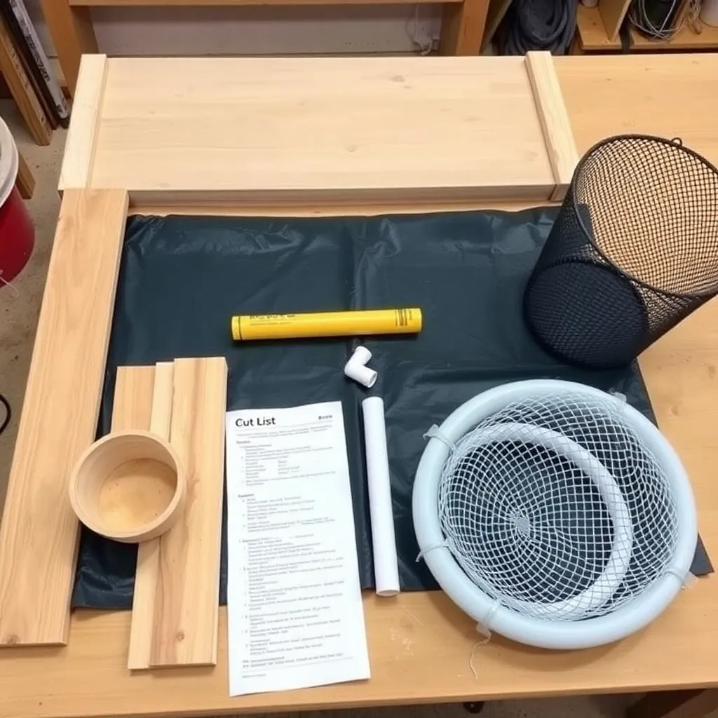 Materials for building a DIY self-watering planter box including cedar boards and pond liner