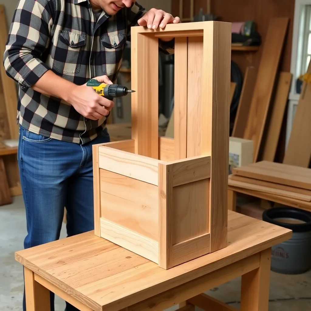 Building a cedar self-watering planter box with reservoir ledge strips on a workbench