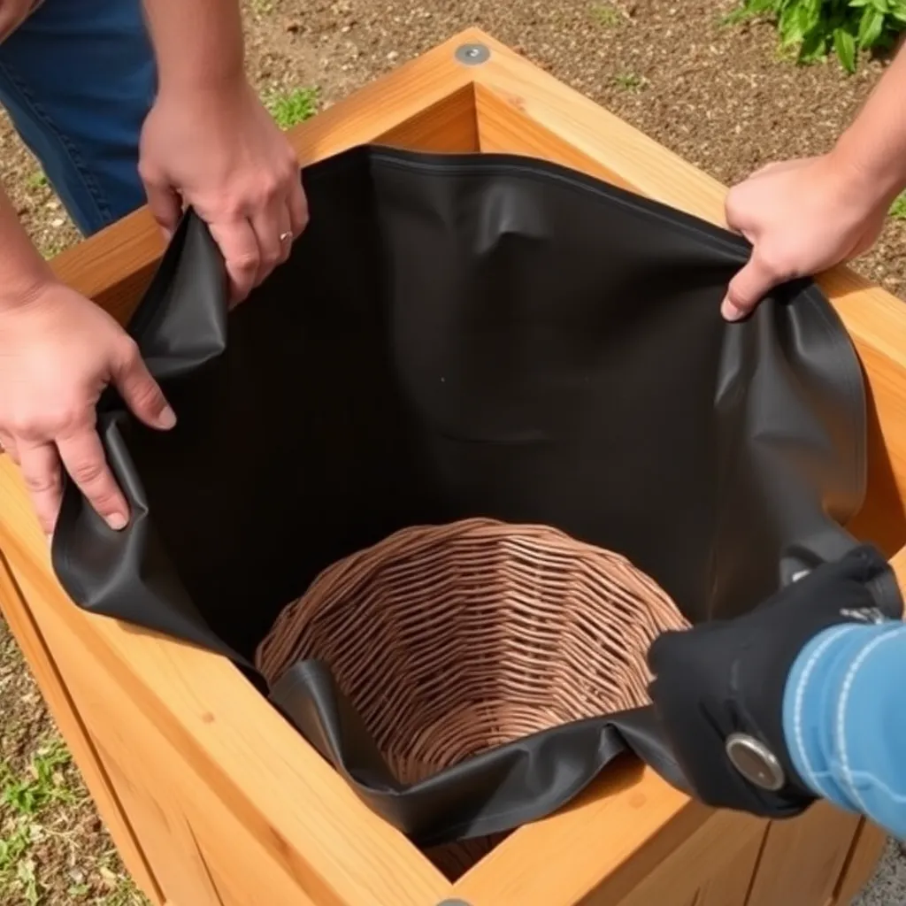 Installing pond liner and wicking basket inside a DIY self-watering planter box