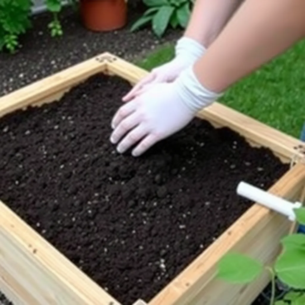 Filling a DIY self-watering planter box with potting mix over landscape fabric