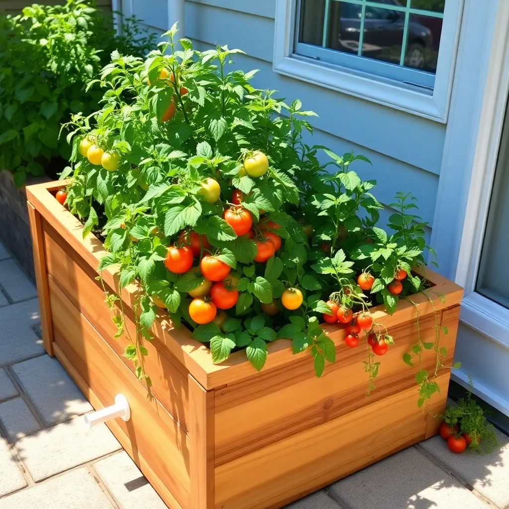 Finished DIY cedar self-watering planter box with thriving tomato plants on a sunny patio