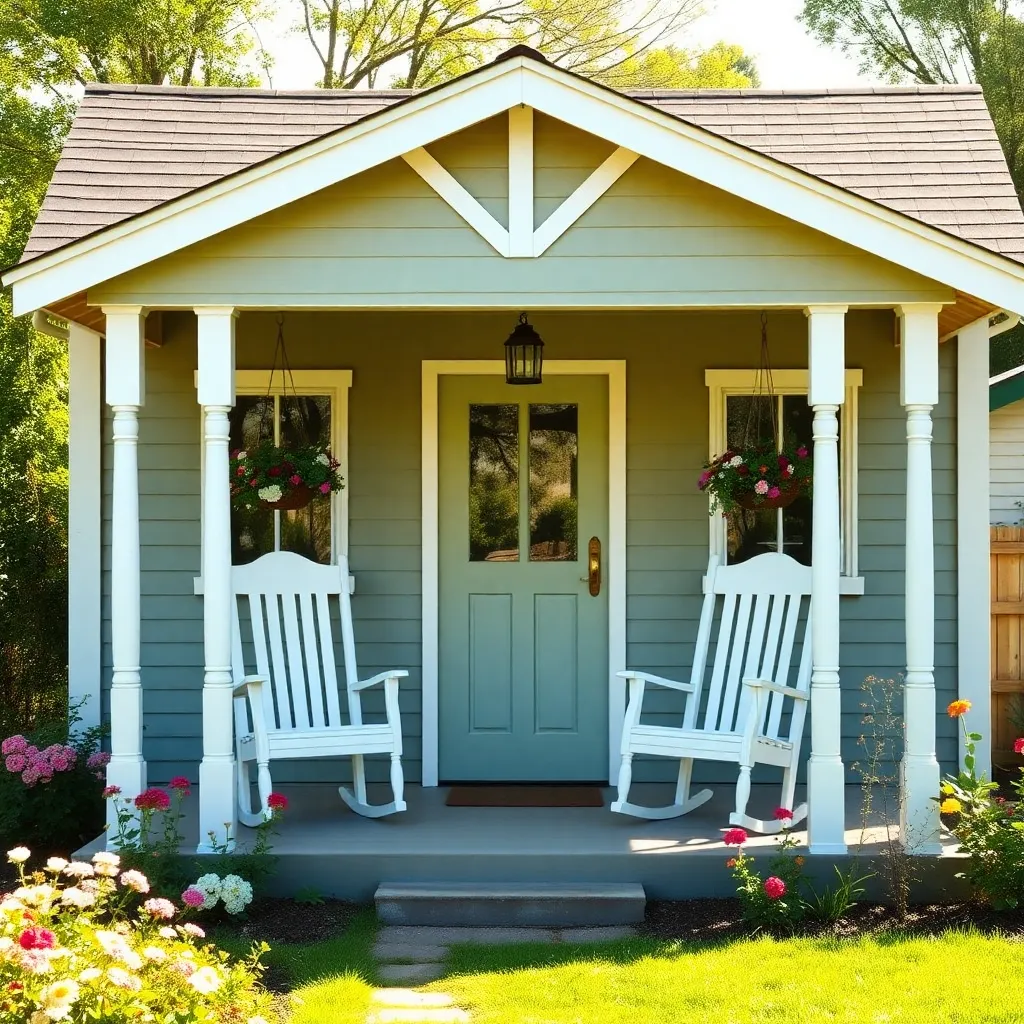 Charming cottage she-shed with covered porch rocking chairs white trim flower boxes and flower garden