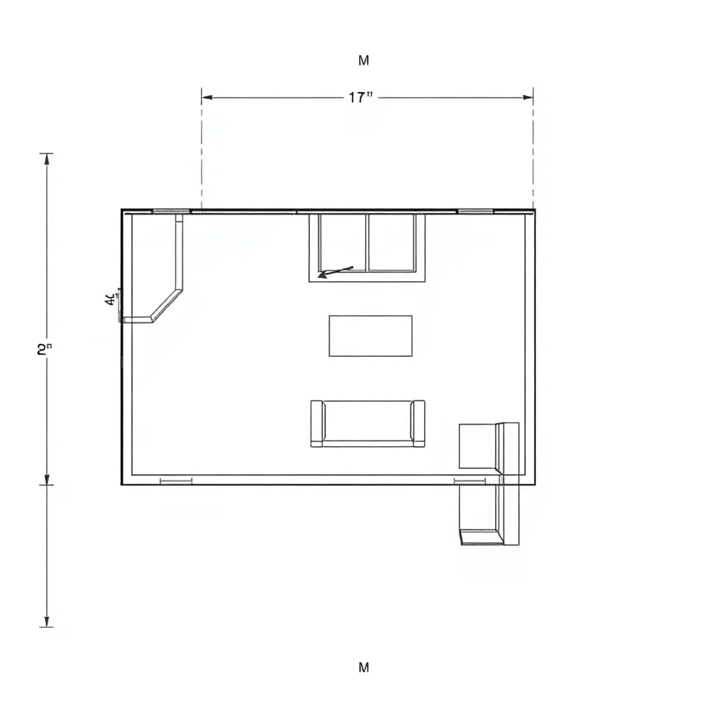 Top-down floor plan of 10x12 she-shed with 4-foot covered porch and interior layout marked