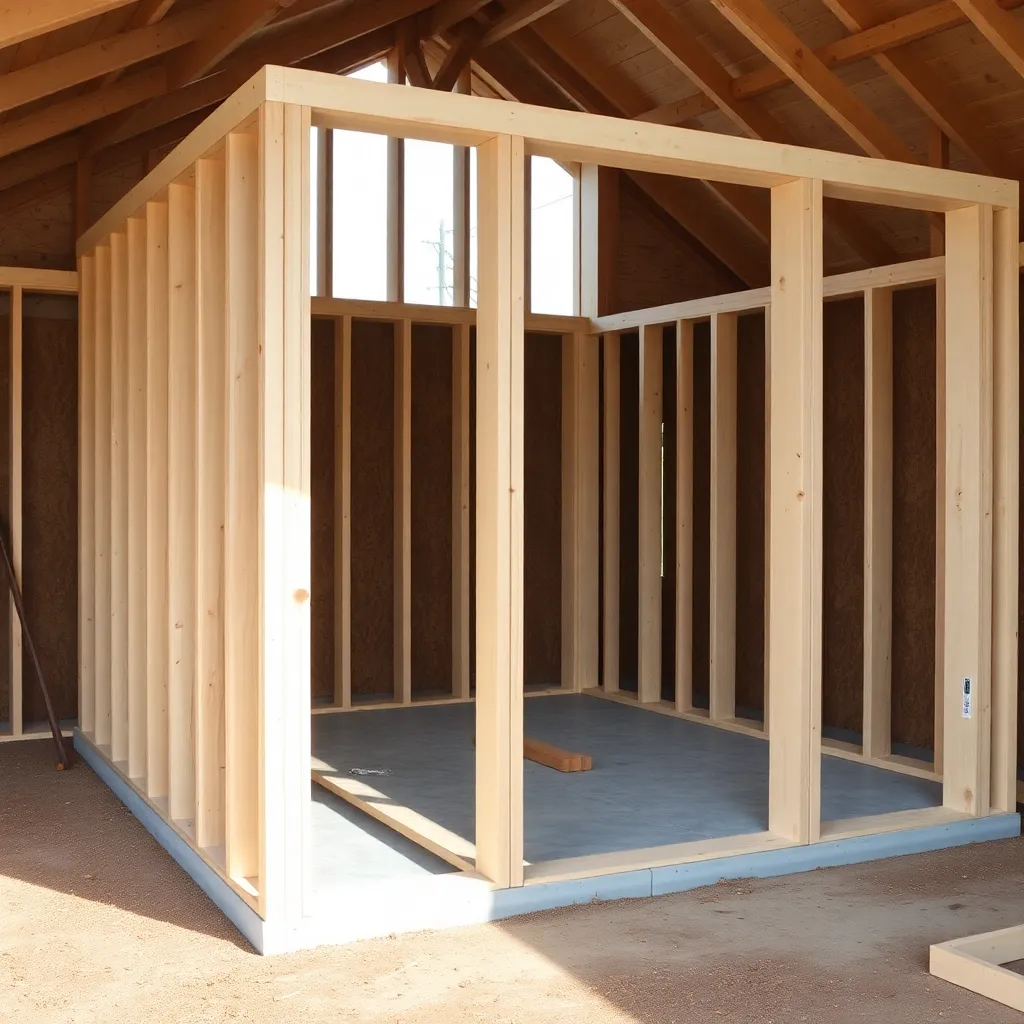 9-foot she-shed wall frame with window rough openings being assembled flat with taller studs visible