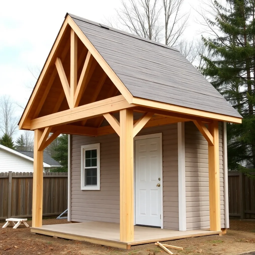 She-shed gable roof being framed with porch rafters extending beyond front wall and cedar porch posts