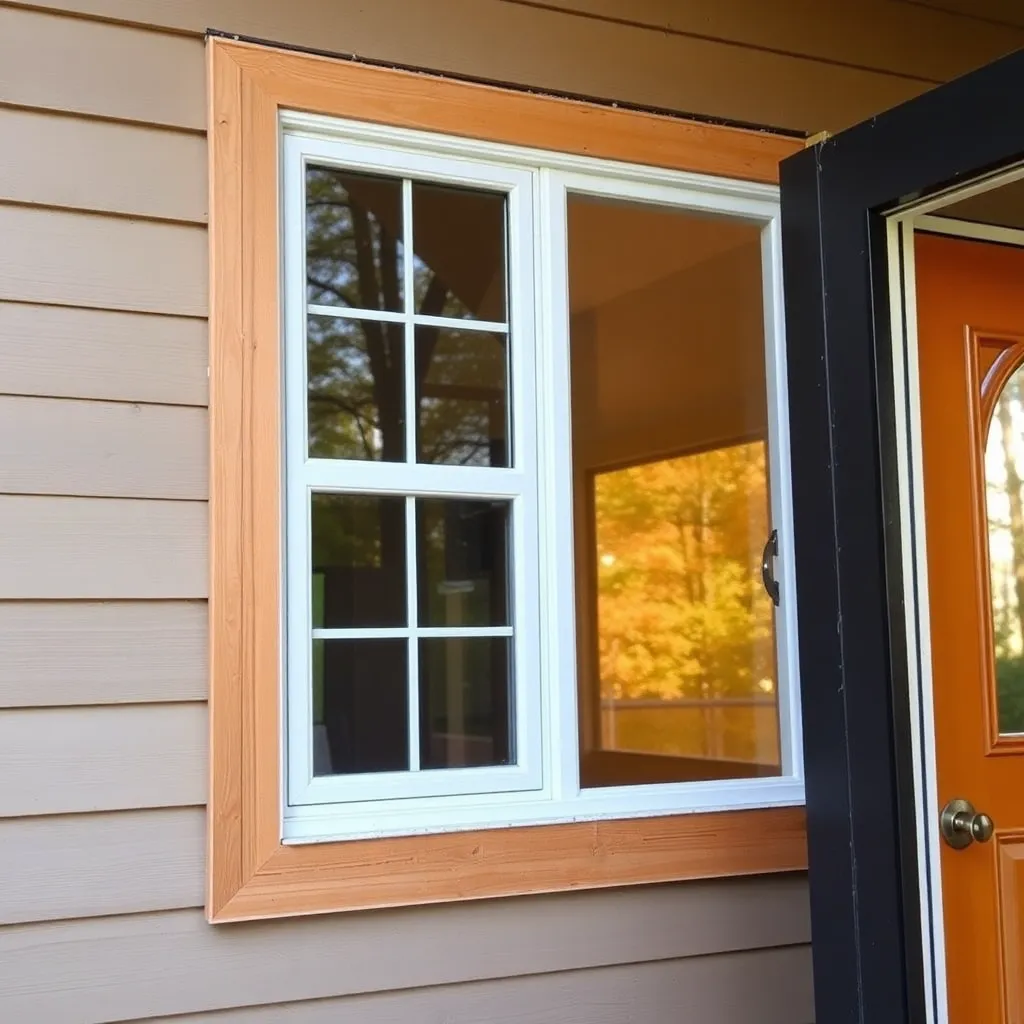 Double-pane window and fiberglass door being installed in she-shed with flashing visible