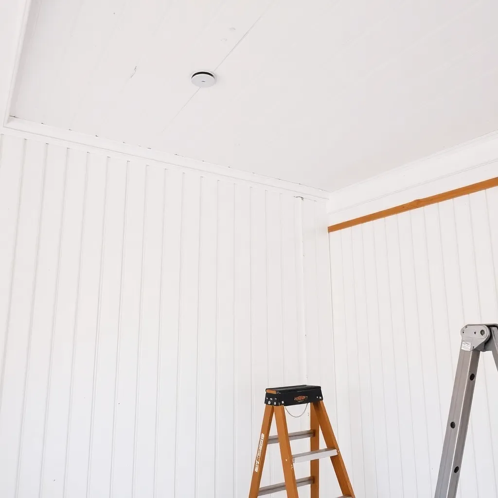 White bead-board paneling installed on she-shed interior walls with crown molding at ceiling
