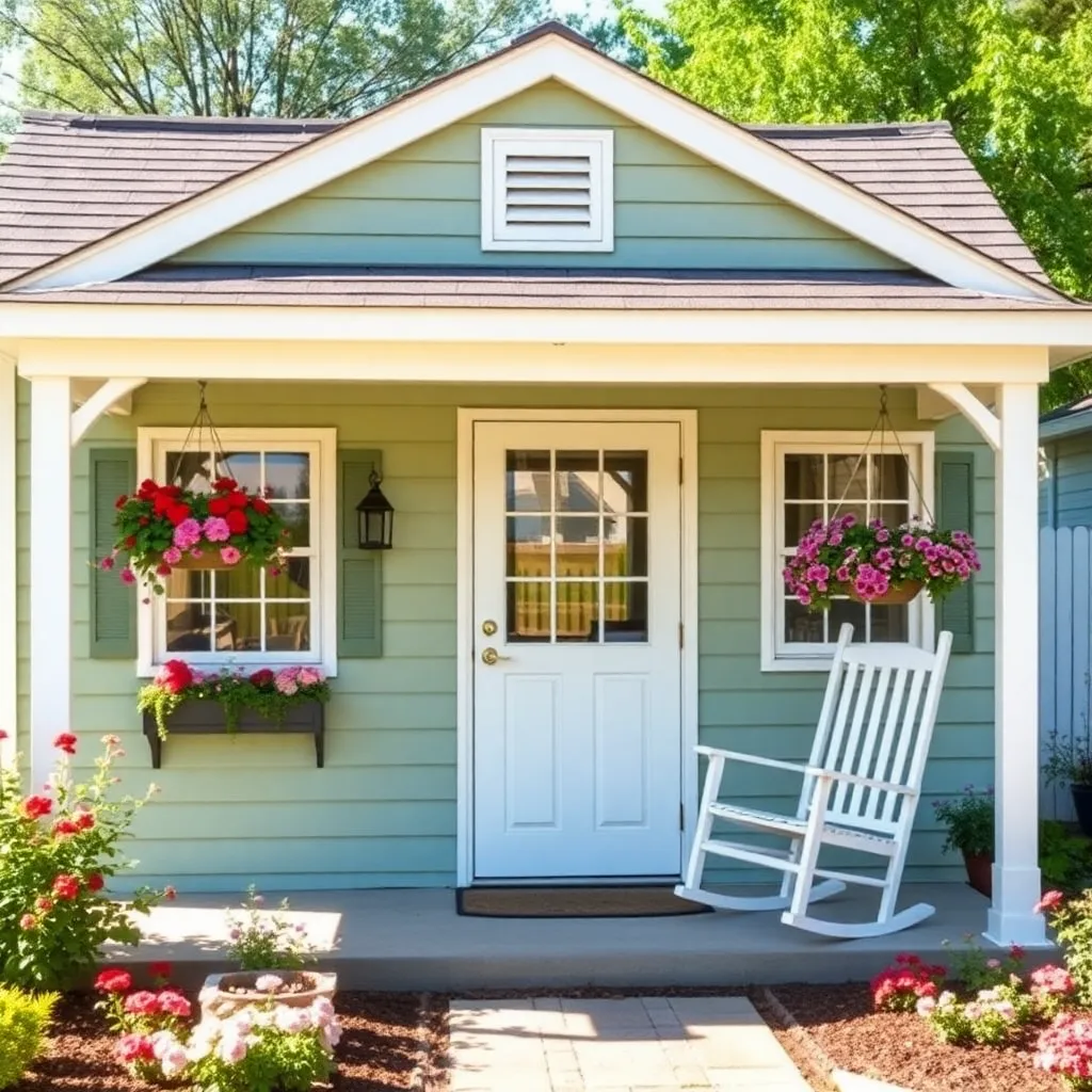 Finished she-shed with sage green siding white trim flower boxes and covered porch with rocking chairs