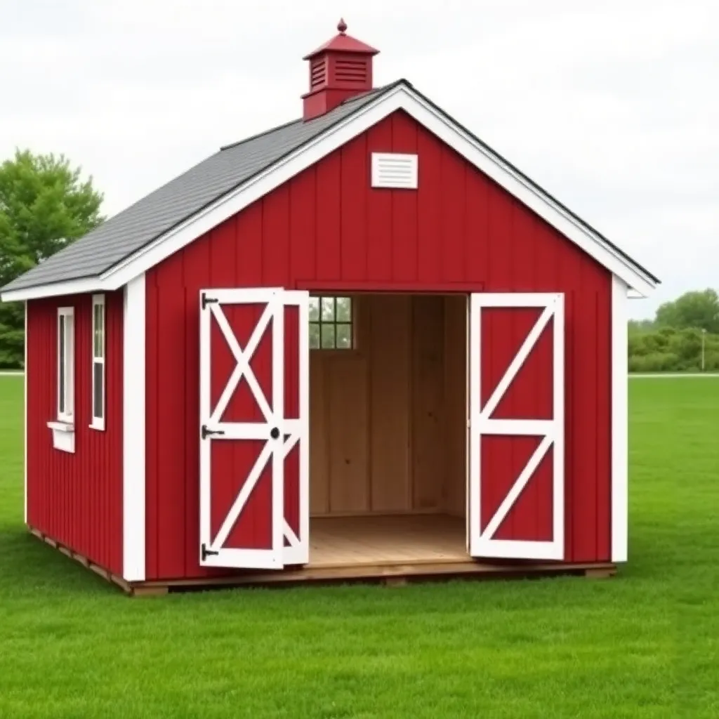 Red gambrel barn shed with white siding cupola and double doors open showing loft inside