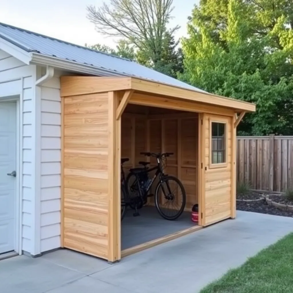 Cedar lean-to shed attached to garage side with single-pitch roof and bikes stored inside