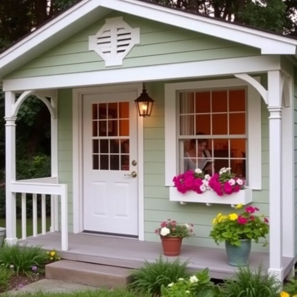 Charming cottage she-shed with covered porch white trim flower boxes and woman reading inside