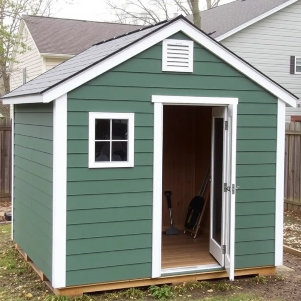 Painted 8x10 green gable utility shed with white trim in suburban backyard