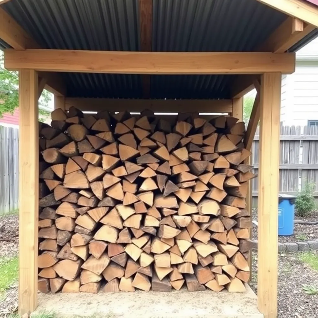 Neatly stacked split firewood in open-sided wood shed with corrugated metal roof near house