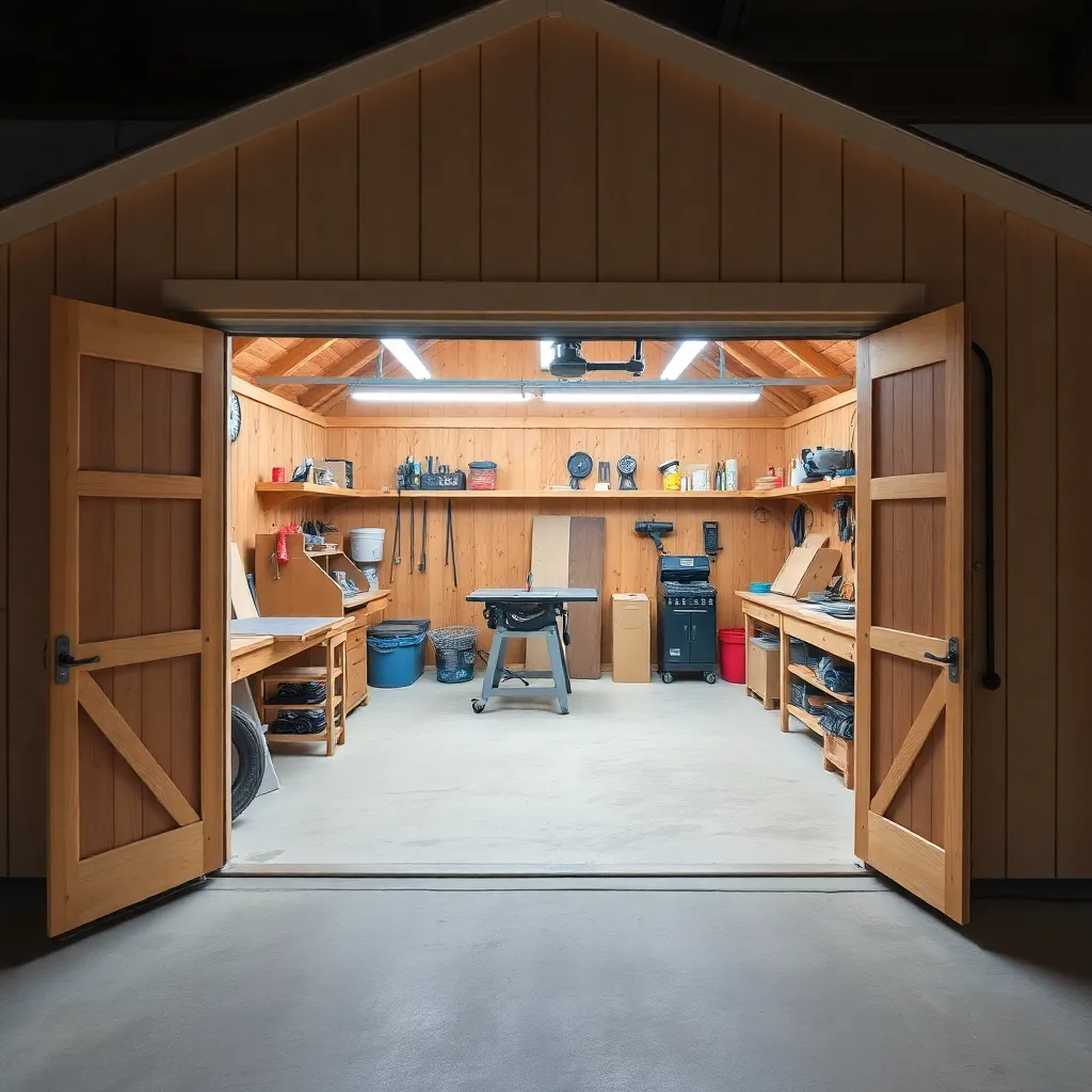 Large workshop shed with double doors open revealing complete woodworking shop inside with table saw and workbench