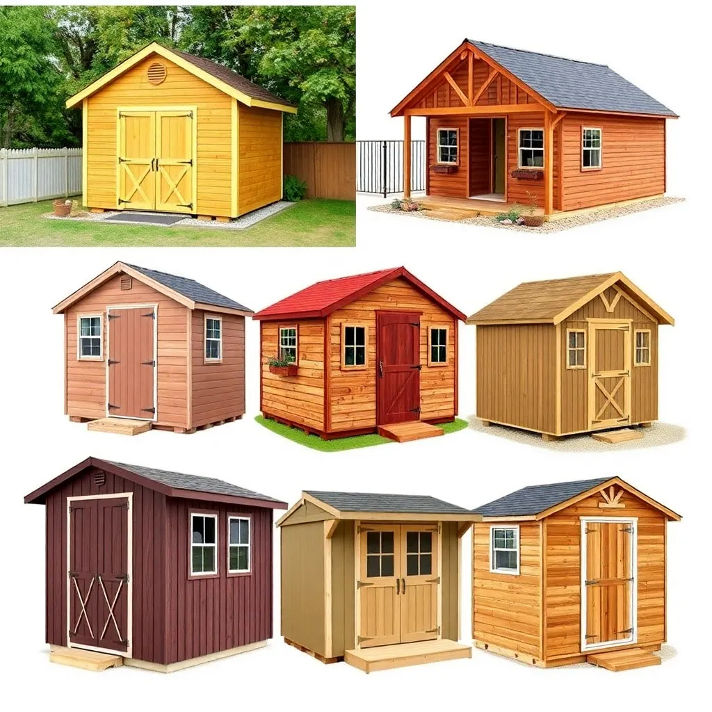 Six backyard shed styles collage including lean-to gable gambrel barn she-shed workshop and wood shed