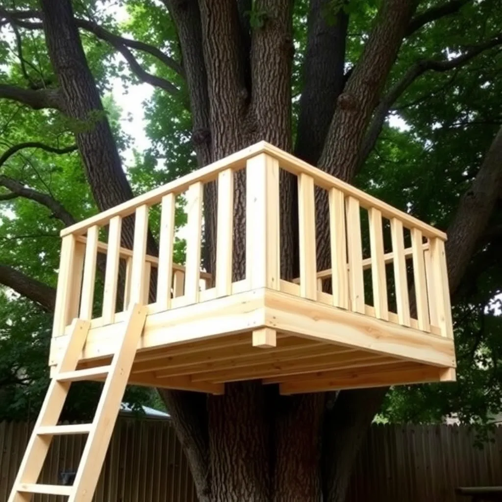 Simple DIY treehouse platform with railing and ladder in backyard tree - Step 2: Build the Platform Frame