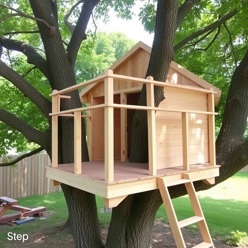 Simple DIY treehouse platform with railing and ladder in backyard tree - Step 3: Install Support Posts or Attach to Tree