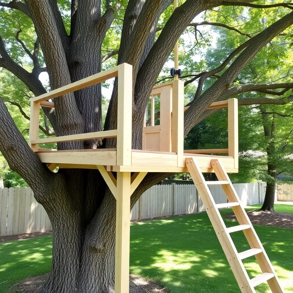 Simple DIY treehouse platform with railing and ladder in backyard tree - Step 4: Add Railings
