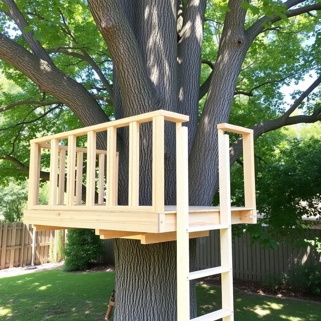 Simple DIY treehouse platform with railing and ladder in backyard tree - Step 5: Add a Ladder and Optional Roof