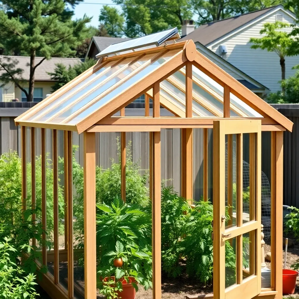 Beautiful small 6x8 cedar greenhouse with polycarbonate panels in suburban backyard with tomatoes inside