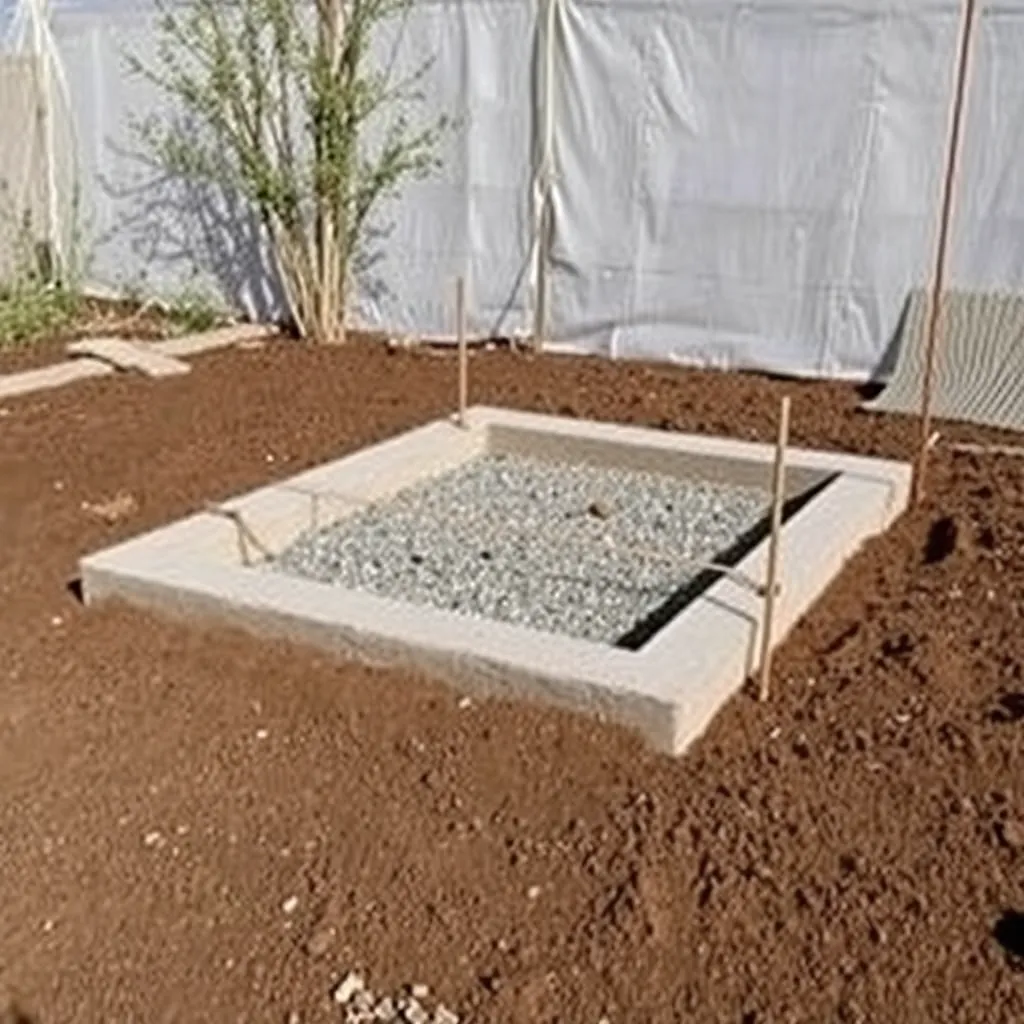 Concrete deck blocks being leveled for small greenhouse foundation with string layout and level