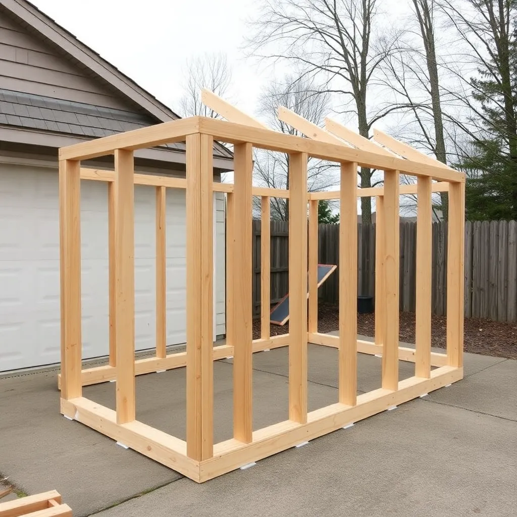 Cedar 2x4 small greenhouse side wall being framed flat on driveway with studs on 24-inch centers