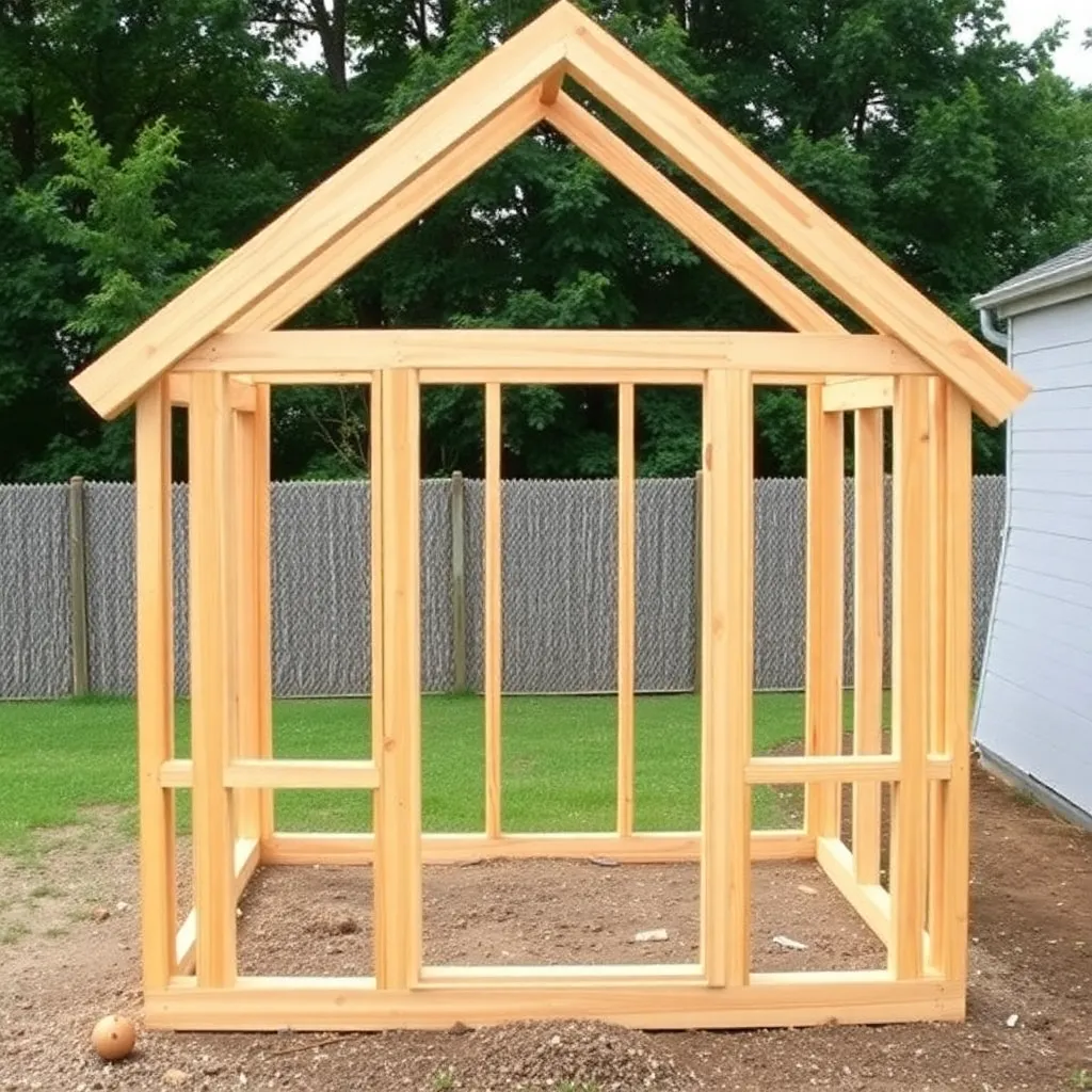 Cedar 2x4 small greenhouse gable end wall with triangular gable above and door rough opening