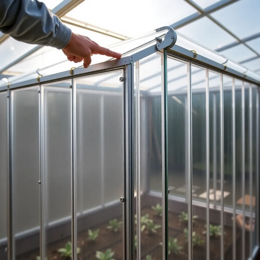 Twin-wall polycarbonate panels being installed on small greenhouse walls and roof with aluminum H-channels