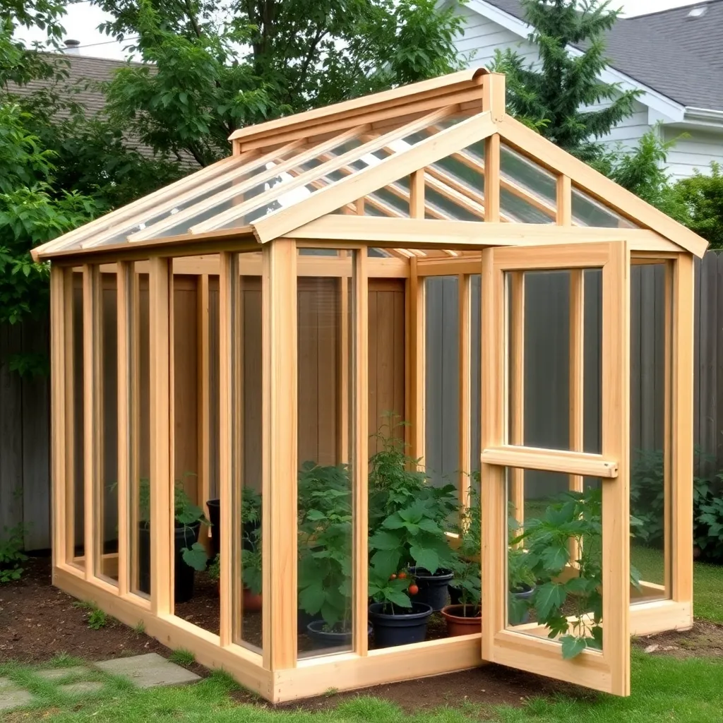 Completed 6x8 cedar small greenhouse in suburban backyard with polycarbonate and plants inside